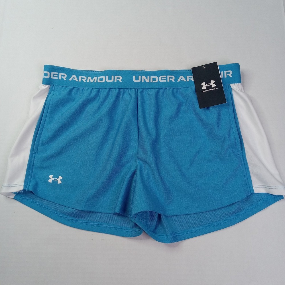 Under Armour Tech Play Up Shorts Girls YXL Blue‎ White Pockets Elastic Waist NWT